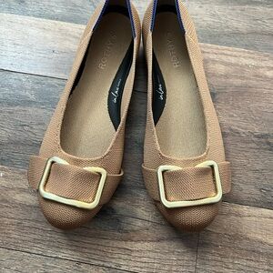 Rothy's Tan Emblem Ballet Flats with Gold Buckle 9.5